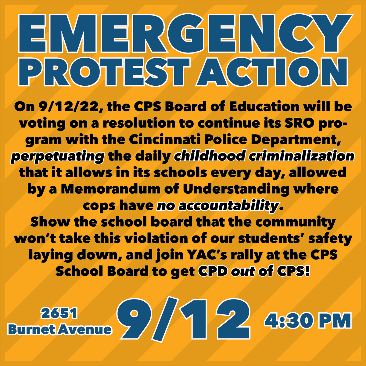 youngactivistsc's tweet photo. EMERGENCY PROTEST ACTION!

CPS intends to once again turn their backs on student safety by voting to keep no-accountability cops in schools and CPS's disastrous school-to-prison pipeline going strong. We need your support on 9/12 to fight back for safe schools and CPD out of CPS! https://t.co/URcr6Kni7l