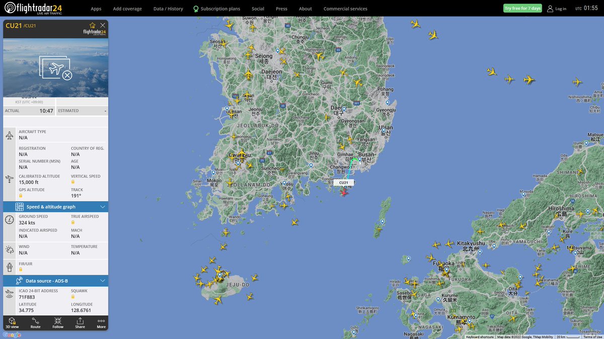 AIYeyENGDdJkjTr's tweet photo. Sept. 8, 2022
#Gimhae Air Base #South Sea of the Korean Peninsula

#CU21 #71F883 ROKAF Unknow Aircraft https://t.co/xWuw1rXuCM