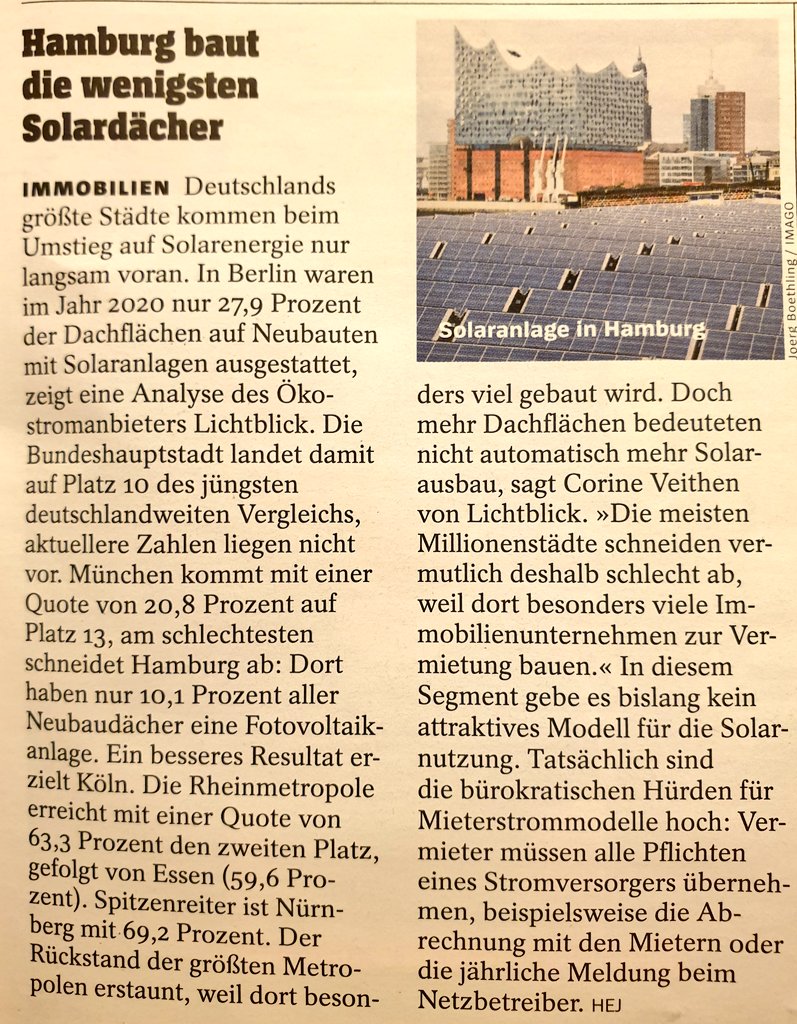 solarpapst's tweet photo. Wieso haben nicht 100% aller Neubauten Solarmodule auf den Dächern ? In Hamburg sind es nur 10,1%, in München 20,8, in Berlin 27,9, in Köln 63,3 (Spiegel 36/2022).
Wieso sind die bürokratischen Hürden für Mietshäuser so extrem hoch, @BMWK?
#solardächer #Klimakrise #Energiepreise https://t.co/jtM7JYTUUa