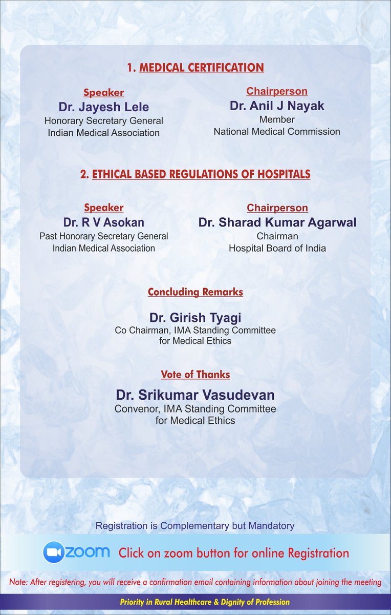 Dear Doctor IMA Standing Committee for Medical Ethics is organising 4th Webinar on “Medico Legal Problems & Ethics” on 18th of September, 2022 (Sunday) from 03:00 PM to 05:00 PM. Registration Link for this meeting as follows us06web.zoom.us/j/84377999036?…