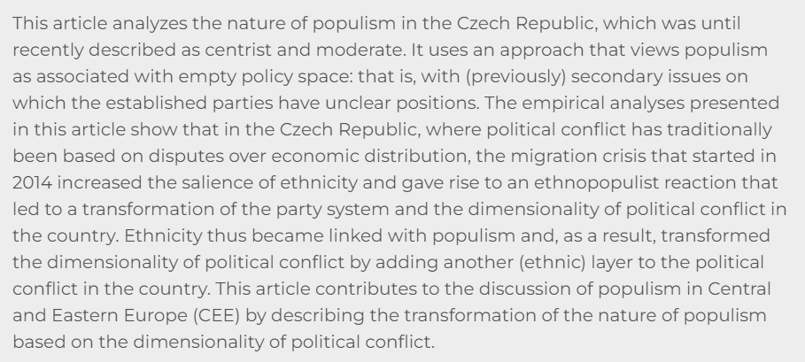 cpcs_journal's tweet photo. JUST PUBLISHED: Populism, Anti-establishment Politics, and Dimensions of Political Competition: Analysis of Populist Attitudes in the Czech Republic by Tomáš Dvořák
Free to access for one week:
https://t.co/lzy9QJqPTQ
#Czechia #populism #postcommunism #ethnicity #migration https://t.co/W4eRoUUQjO