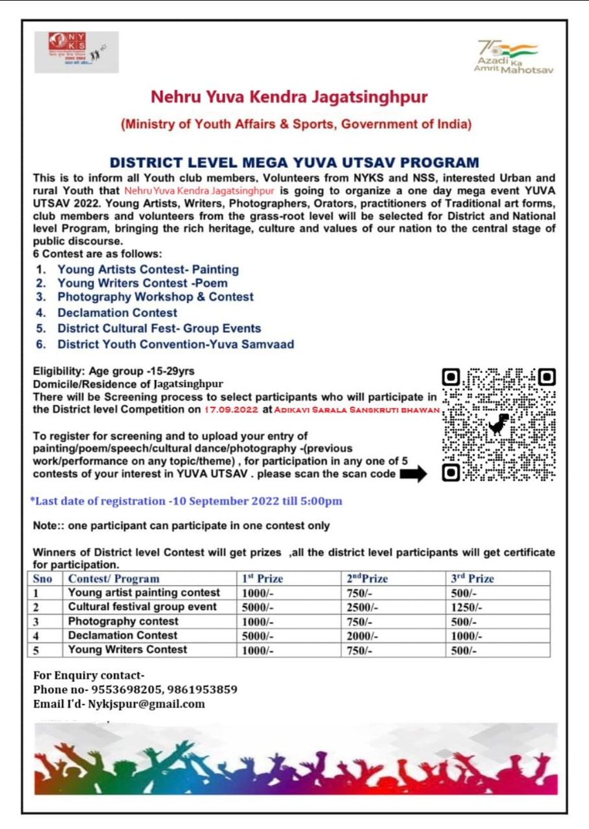 mybharatjspur's tweet photo. NYK Jagatsingpur is going to organize District Level Yuva Utsav Program.Great Opportunity for Youth to showcase their talent and win exciting prizes. Winners will participate in State level. Interested Candidates can register themselves through given link https://t.co/bpbg655N7P https://t.co/l8XaIWunS5