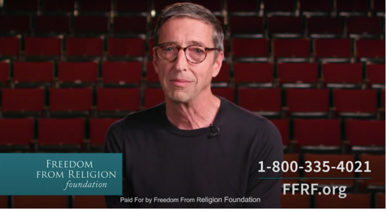FFRF's tweet photo. Watch for a return of FFRF's commercial with Ron Reagan, tonight on @colbertlateshow. #NotAfraidofBurninginHell https://t.co/B4FibRxZFd