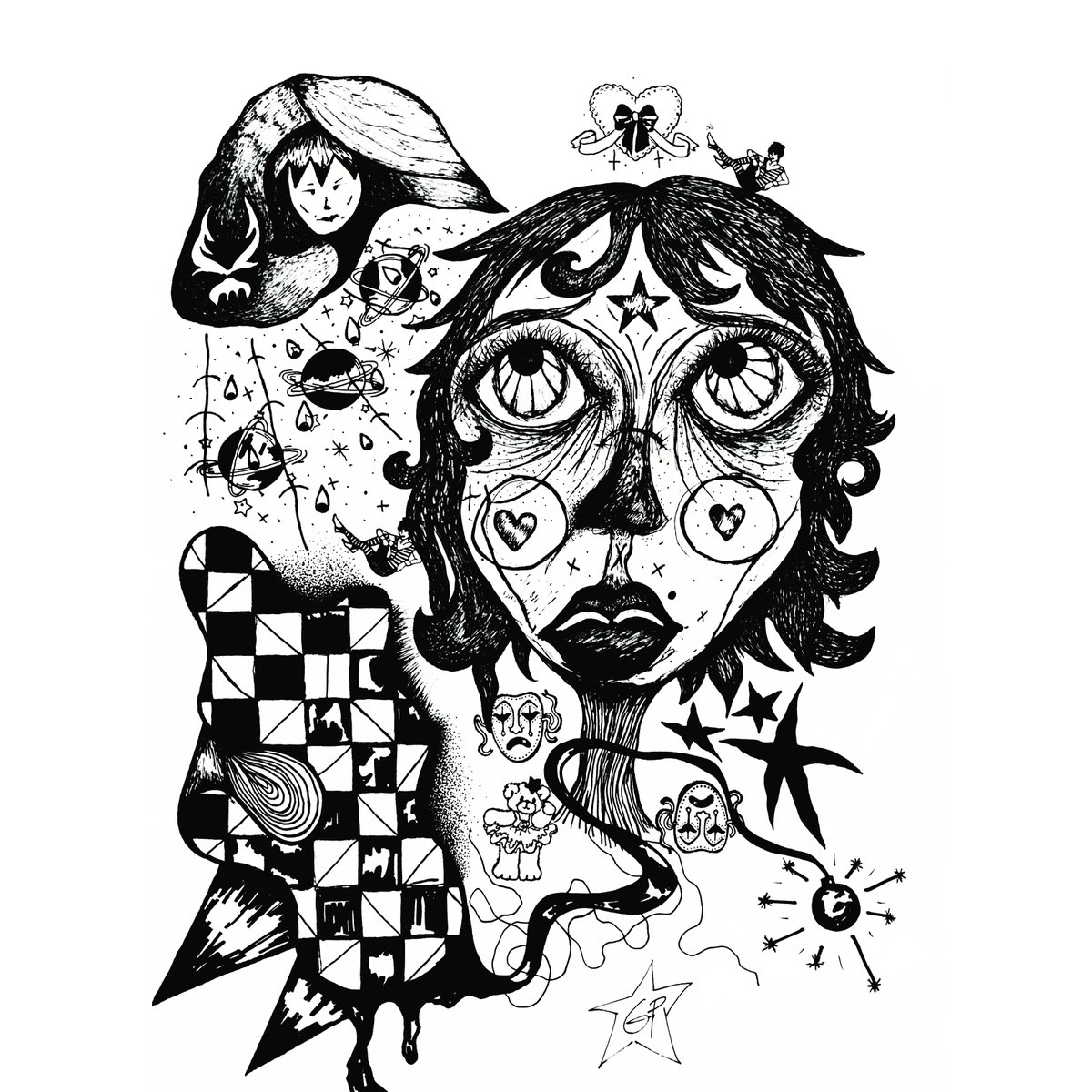 guillotineart's tweet photo. hand drawn illustration with micron pens and sharpie. This piece is titled "Gemini, Mirror Mind" and is a part of the guillotine princess collection on @opensea https://t.co/ntkJjDSGab
