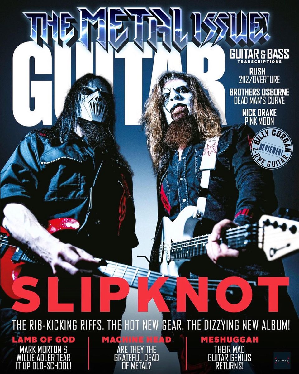 slipknot's tweet image. #MickThomson &amp;amp; #JimRoot are on the new cover of @GuitarWorld — available online or newsstands.