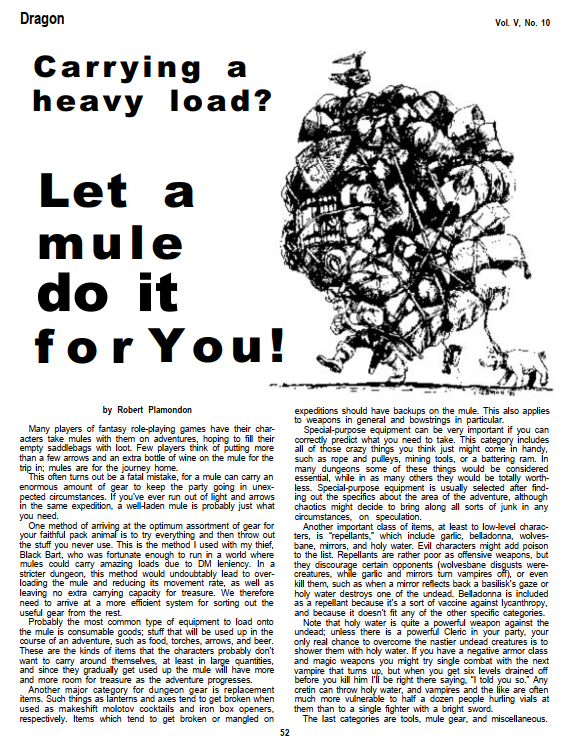 CalstaffTheGold's tweet photo. In Dragon #48 (Apr/81), Robert Plamondon gives some advice on the proper utilization of pack mules.
#1e #ADnD #PlayerAdvice https://t.co/Hk6ucHm991