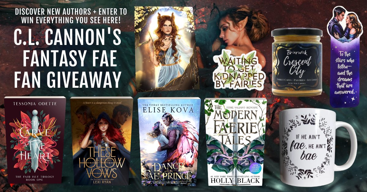 🍃Love all things #Fae? This #giveaway is for you!🍃
🧚‍♂️ Enter: bit.ly/fantfae 🧚‍♂️
🗡 #Win #ToCarveAFaeHeart #TheseHollowVows  #ADanceWithTheFaePrince #ModernFaerieTales + Jude print, kidnapped by #fairies sticker, #CrescentCity candle, #ACOTAR bookmark, &amp; fae bae mug!🗡