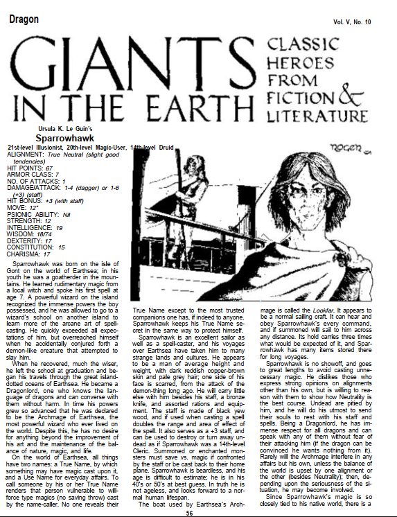 CalstaffTheGold's tweet photo. In Dragon #48 (Apr/81), Roger E. Moore & Tom Moldvay give us stats on two more characters from literature: Sparrowhawk & Tiana Highrider are featured in this installment of "Giants in the Earth".
#1e #ADnD #CharacterStats https://t.co/hzLNnAxlqq