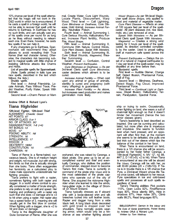 CalstaffTheGold's tweet photo. In Dragon #48 (Apr/81), Roger E. Moore & Tom Moldvay give us stats on two more characters from literature: Sparrowhawk & Tiana Highrider are featured in this installment of "Giants in the Earth".
#1e #ADnD #CharacterStats https://t.co/hzLNnAxlqq
