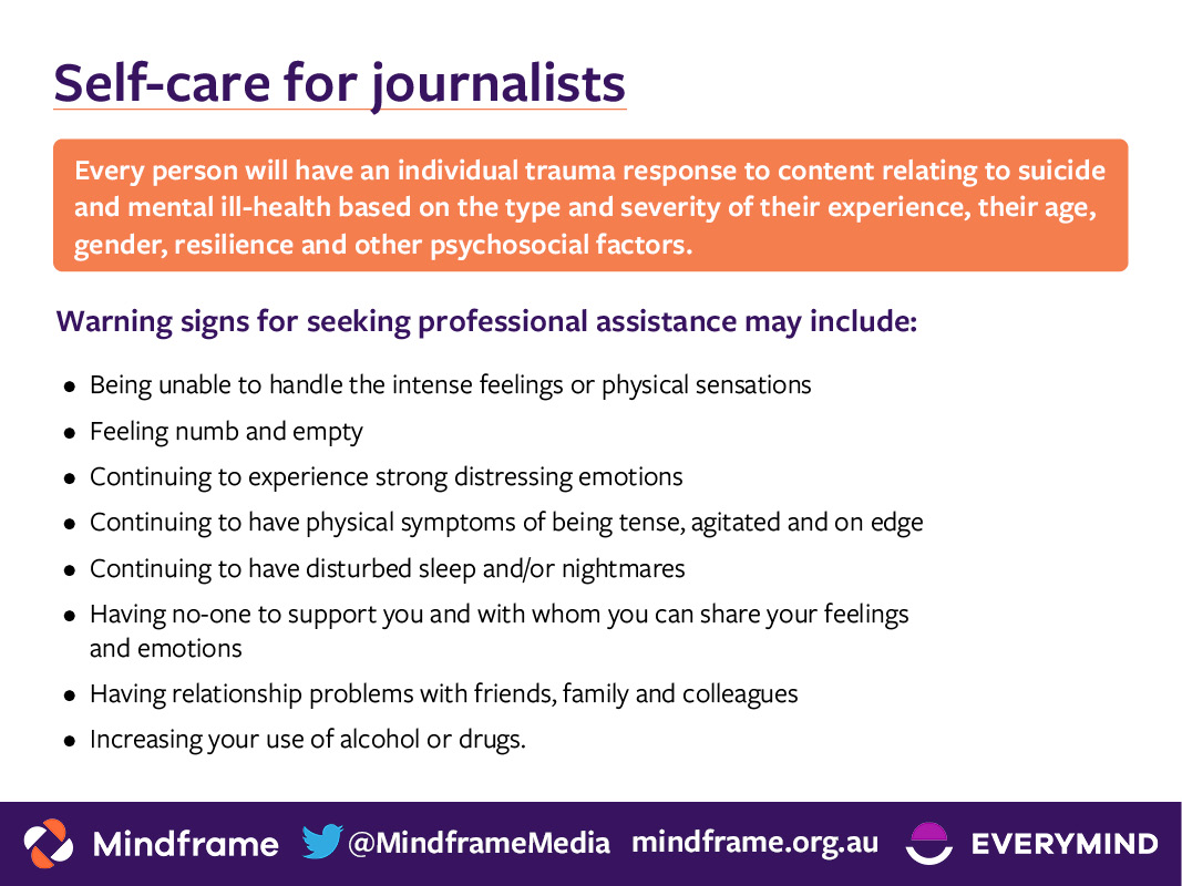 Reporting on suicide &amp; mental ill-health can be distressing. Media &amp; communications professionals should adopt self-care activities to safeguard their own health &amp; wellbeing. Today, why not ask yourself and your colleagues #RUOK? Help resources for media: bit.ly/3QuBDHY