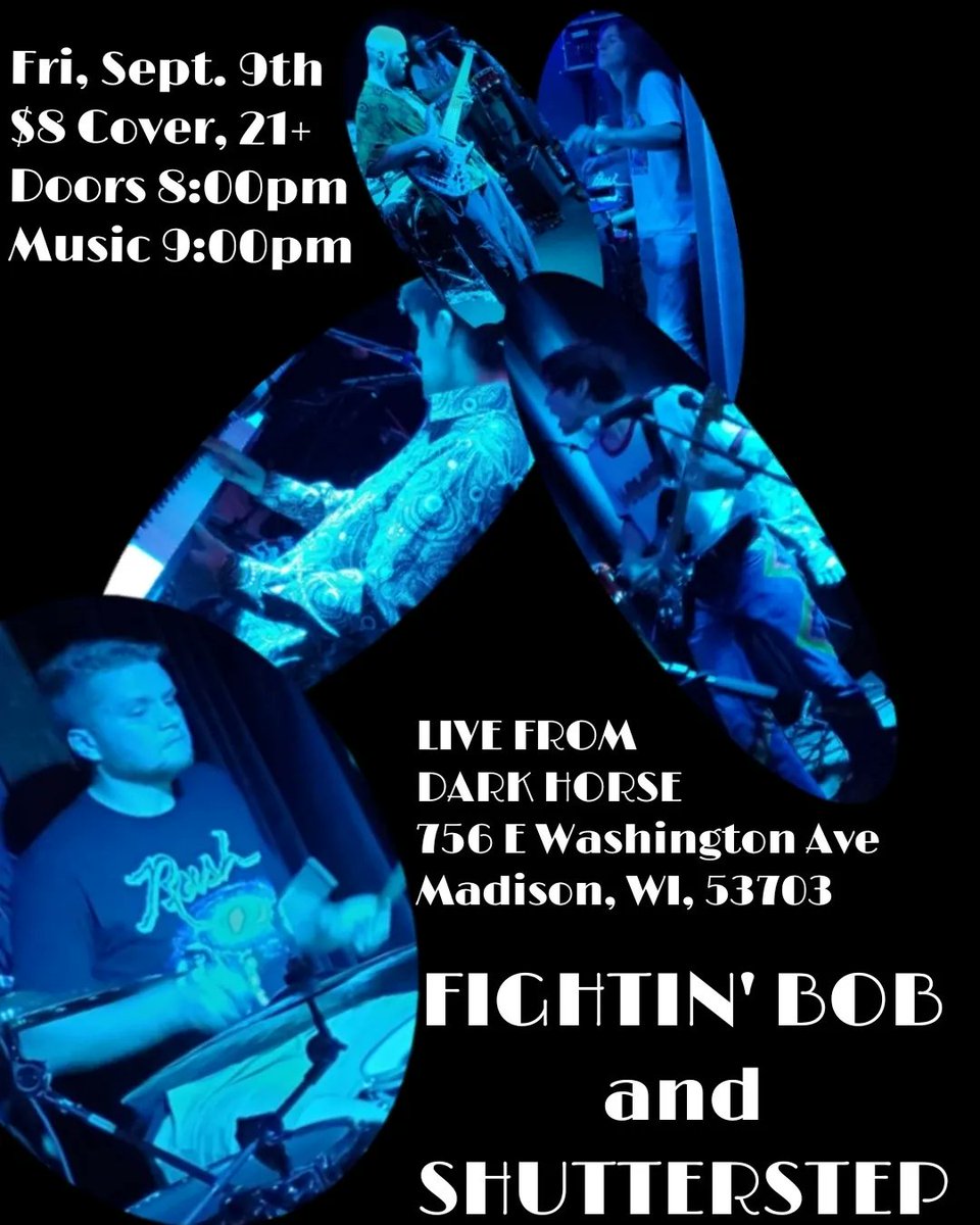 FightinBobBand's tweet photo. Hey #MadisonWi we're bring you some #FrogRock this #FunkyFriday, y'all better pack it in!!!

Original tunes, debut of a new cover (with a special uhh...), and good vibe jams until 11!

Friday  9/9
Dark Horse Artbar
w/ Aaron Brenton's Shutterstep
Music at 9pm, $8, 21+ https://t.co/sIhq2encdi