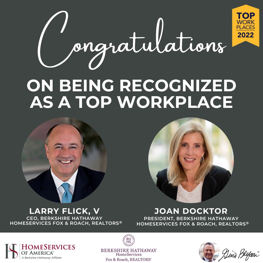ginoblefari's tweet photo. Congratulations Larry Flick V, @joandocktor &amp; the entire @bhhsfoxroach team on being named to the Delaware Valley Top Workplaces 2022 list.

@bhhsfoxroach is a strong, ever-growing company with a positive culture that fosters innovation, collaboration &amp; motivation among everyone. https://t.co/dVCcWJi35n