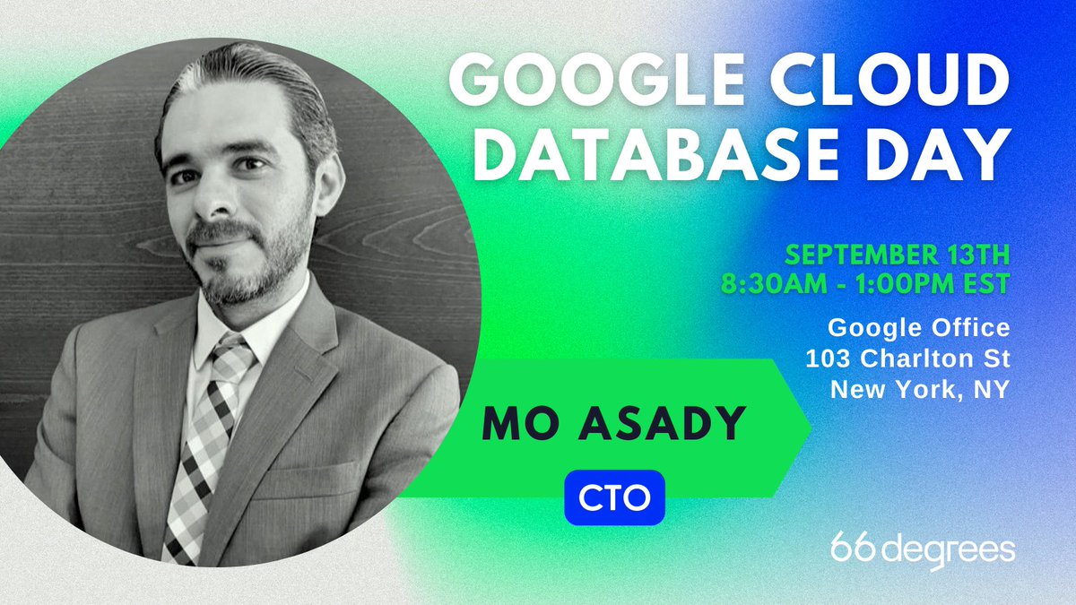 66degreestech's tweet photo. Join @66degreestech and @googlecloud for a Database Day featuring CTO of @convirza, Mo Asady, and leading Google product experts as they share innovative insights on how to accelerate the migration of your #data infrastructure to the #cloud. Register here:
https://t.co/ZNjjnl35sK https://t.co/XdnuYyUNM0