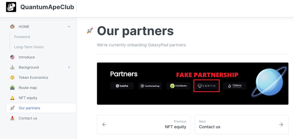 CertiKAlert's tweet photo. #CertiKSkynetAlert 🚨

We can confirm that @QuantumApeClub_is not associated nor partnered with CertiK. 

Their GitBook includes an image of a partnership that is a false claim!

Always check https://t.co/59PPqxO2zv for more information and #DYOR 

Stay vigilant! https://t.co/l1nyA2j6kh