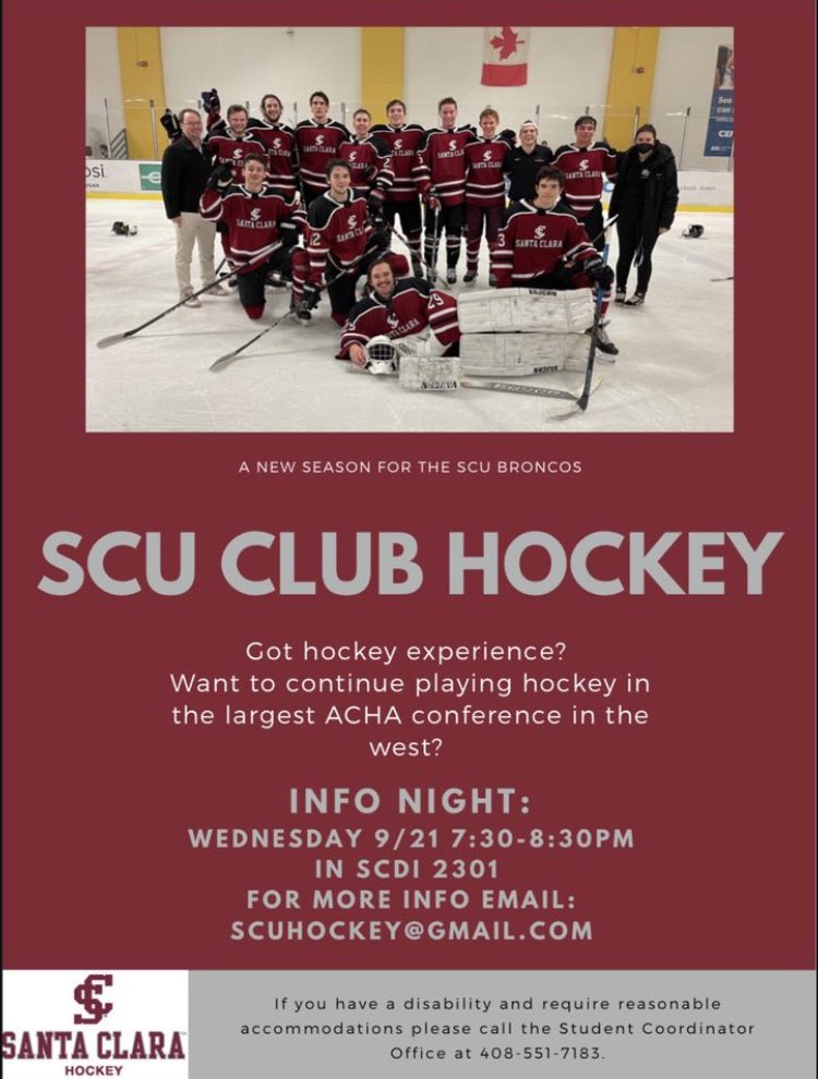HockeySCU's tweet photo. Interested in playing hockey at Santa Clara University? Come out to our informational meeting! Details are below. https://t.co/jaOLxFhJVu