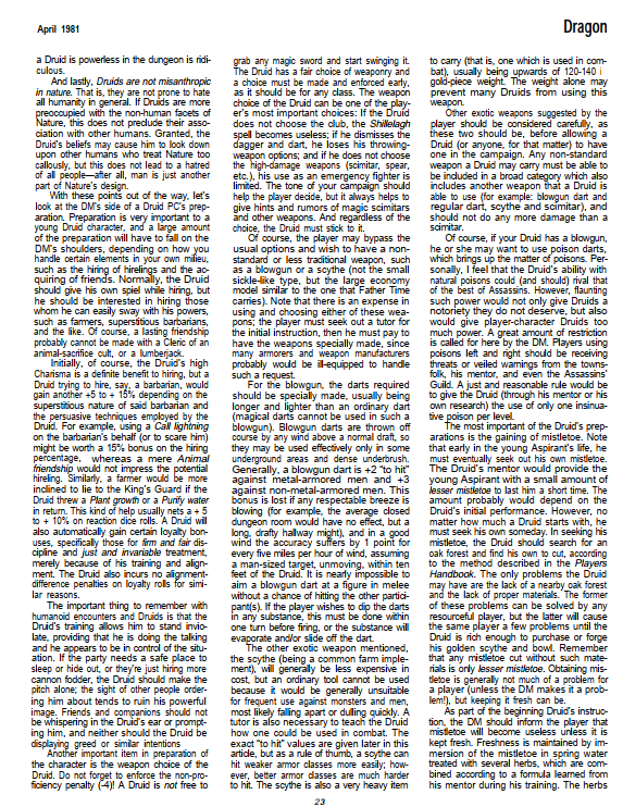CalstaffTheGold's tweet photo. In Dragon #48 (Apr/81), Tim Lasko gives some advice on playing an AD&D Druid as opposed to the original Druid described in D&D's Eldritch Wizardry supplement.
#1e #ADnD #PlayerAdvice https://t.co/PSfPUqMLsP