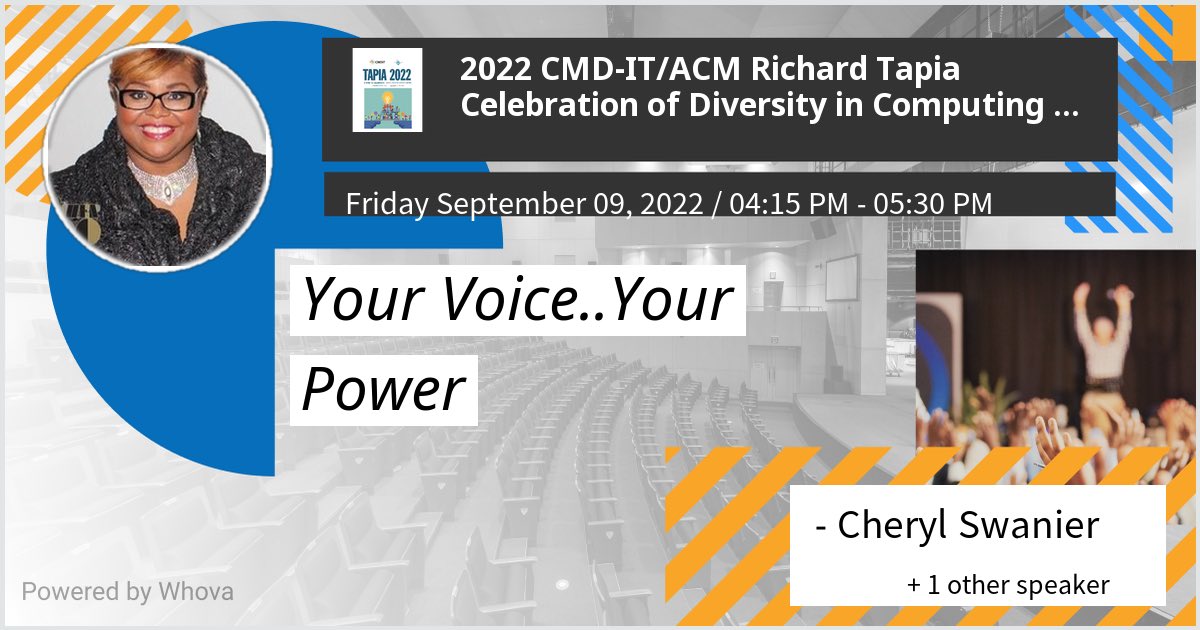 cswanier's tweet photo. I am speaking at 2022 CMD-IT/ACM Richard Tapia Celebration of Diversity in Computing Conference. Please check out my talk if you're attending the event! #Tapia2022 - via #Whova event app https://t.co/tGQfZgzCkx
