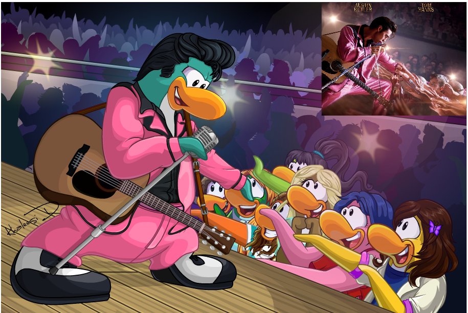 LaKhalee's tweet image. Viendo Elvis, fue tal mi inspiración que le hice un homenaje en versión pingüina. @YazminGarcia15 colaboró para dibujarnos entre las fans!
When i saw Elvis, my inspiration was such that I made a tribute  in a penguin version. In a collab with  Yaz we drew us among the fans!