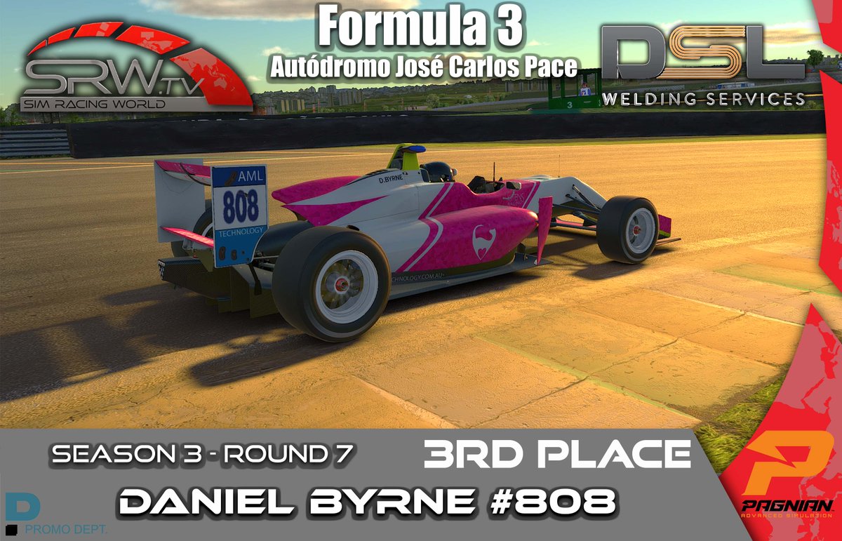 Sim_RacingWorld's tweet photo. DSL Welding Formula 3 -  Interlagos!

🏆 Congratulations to our round 7 podium! 🏆

1st \\ Corey MACFARLANE #94 - Send It Sim Sports
2nd \\ Adrian LAURETTI #85 - Kittens Racing
3rd  \\ Daniel BYRNE #808 - Kittens Racing 2
🎬 https://t.co/WziQPaHq9p 🎬
#iracing https://t.co/pkDk6vg7TH