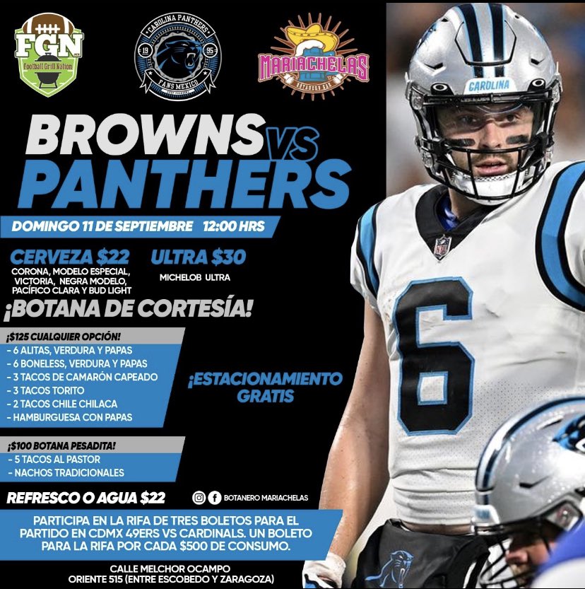 PanthersFansMX's tweet photo. Para toda la banda de Monterrey se consiguieron éstas promos, gracias al trabajo de @FGNmx ayudando a toda la comunidad NFL en Nuevo León. Nos vemos el domingo en el #Mariachelas, en el mero centro de Monterrey.
A apoyar con todo a @LosPanthers @Panthers
#KeepPounding https://t.co/DFYfl6hw6N