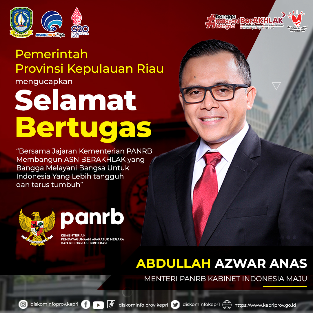 diskominfokepr1's tweet photo. Pemerintah provinsi Kepulauan Riau mengucapkan Selamat Bertugas kepada Abdullah Azwar Anas sebagai menteri PANRB Kabinet Indonesia Maju.

@kempanrb 
#diskominfokepri
#humasdiskominfokepri
#pemprovkepri
#panrb
#Kepulauanriau https://t.co/T8qvnOJfgE
