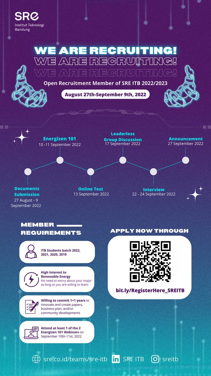 sreitb's tweet photo. [YAKIN MAU GNU?]

Society of Renewable Energy Institut Teknologi Bandung (SRE ITB) mempersembahkan
⚡OPEN RECRUITMENT MEMBER⚡

SRE ITB adalah kombinasi Unit dan Student Chapter, cocok bagi kamu yang tertarik di bidang Energi Terbarukan🌍🌤🌊 https://t.co/fUndBoslva