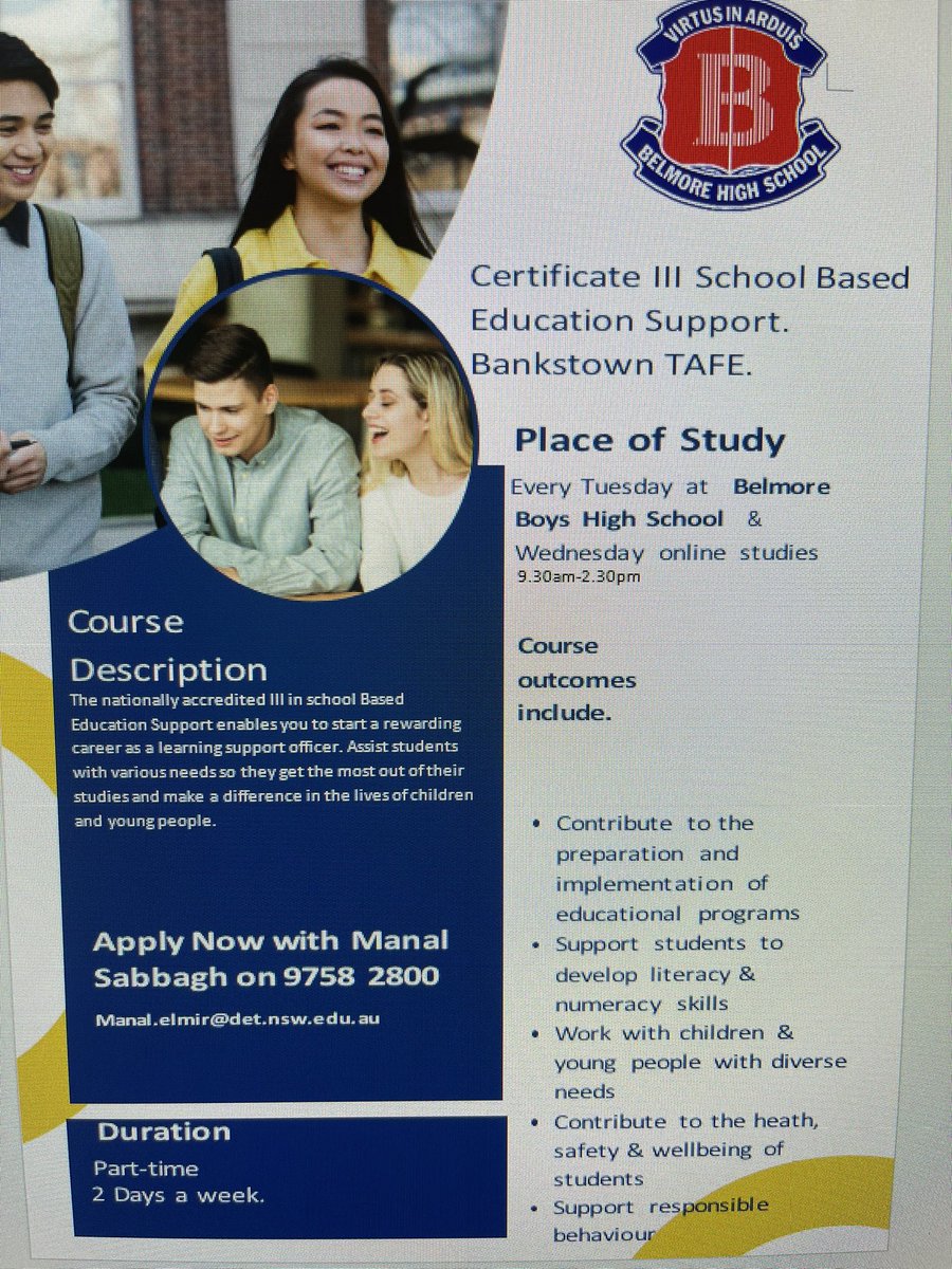 Register your interest for your Certificate III in School Based Education Support, delivered on site and online through Belmore Boys’ High School. And it’s only 2 days a week. Course runs between Feb - Nov 2023, but registration is a must. Applications due by the end of October.