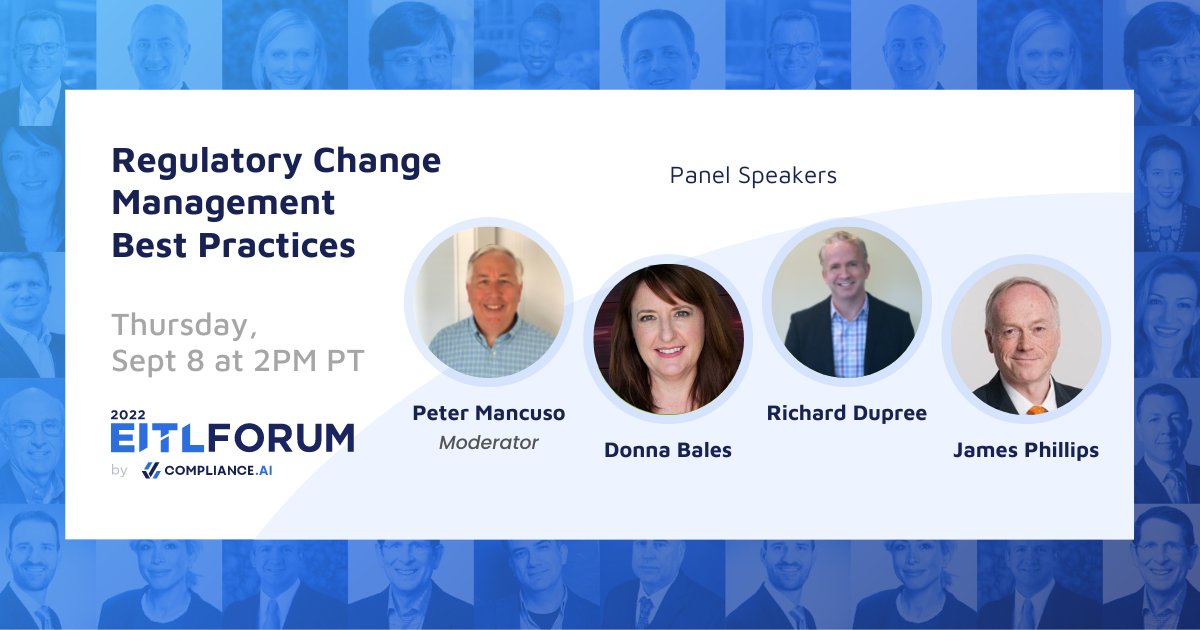 Looking forward to #regulatory change management panel tomorrow (Sept 8 at 2pm PST) hosted by Compliance.ai. Join our discussion around #regulatorycompliance challenges and best practices in US, UK, and Canada. Register for free at eitl2022.compliance.ai. #regtech