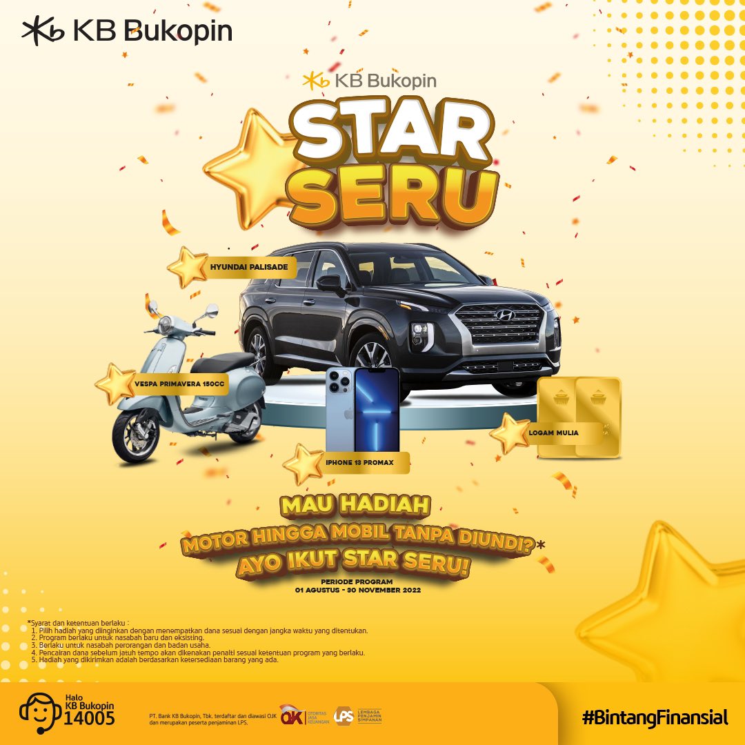 kbbank_id's tweet photo. Mau hadiah motor hingga mobil tanpa diundi? Yuk ikutan program Star Seru KB Bukopin!

Hanya di Star Seru, kamu bisa pilih hadiah yang diinginkan mulai dari iPhone hingga mobil Hyundai hanya dengan membuka tabungan di KB Bukopin loh~ https://t.co/L5bkyp9gkW
