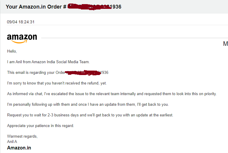 yogesh666's tweet photo. @AmazonHelp The last message I have is from 9/4 acknowledging my concern. No more posts after that on this order ID. https://t.co/CDWf4usNj5