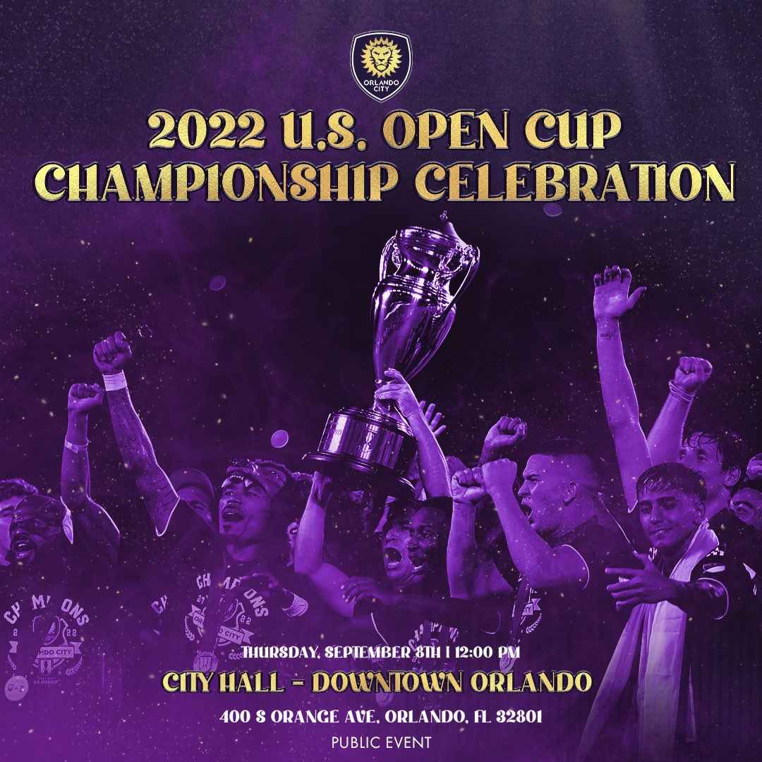 OrlandoCitySC's tweet photo. Bringing our another trophy to The City Beautiful 💜 

Join us tomorrow at 12:00 p.m. on the steps of City Hall to celebrate our 2022 Lamar Hunt U.S. Open Cup Championship 🏆 

More Details: https://t.co/9VrDnjyS2a

#MagicOfTheCup | @opencup https://t.co/D6XnMQEjT1
