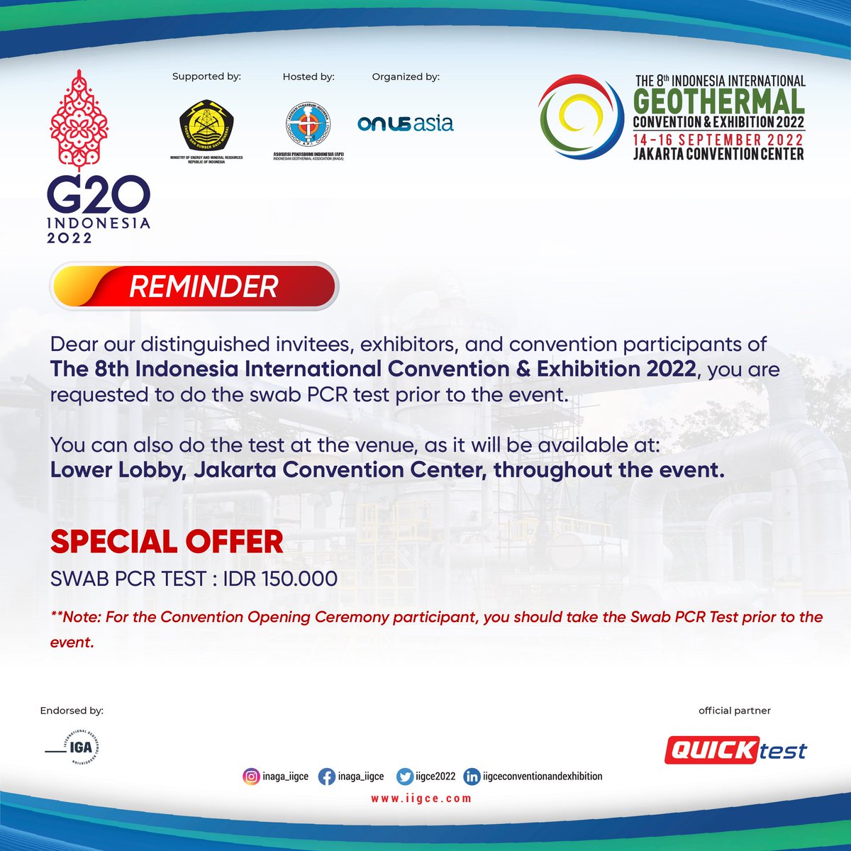 Dear all participants, we would like to inform you that PCR swab test is mandatory for the event.

Check our post below to more information regarding the test or you can reach us through Direct Message.

Thank you.