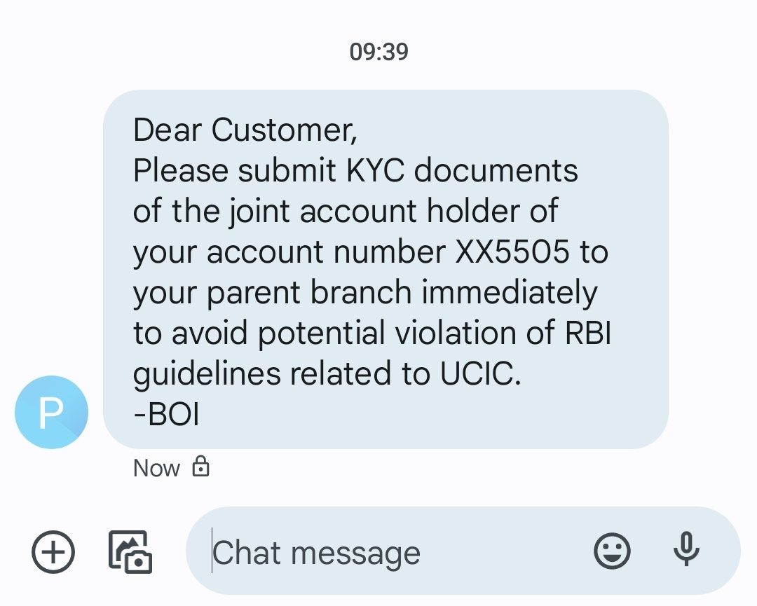 authorjating's tweet photo. My father age 78, a retired Naval Commander got this message from #bankofindia. While his A/C is in Delhi we tried resolving it in Hyd where i stay,but insensitivity of BOI to his age &amp; service to country was appalling. They want him to travel to Delhi. @nsitharaman @PMOIndia https://t.co/eoxZV3RHwm