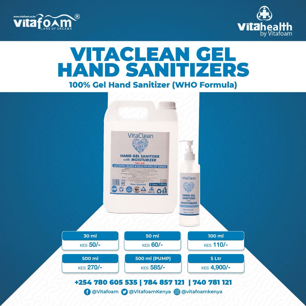 VitafoamKenya's tweet photo. 🌟🙋♂️🙋♀️🚫🦠 75%+ IPA #VitaClean® Alcohol Gel Hand Sanitizers (WHO Formula) Now Available at #VitaFoamKenya®! 🦠🚫👨👩👧👦👫🌟
☎ For All *Enquiries, *Orders & *Deliveries Call Our Hotlines: +254 780 605 535 | 784 857 121 | 740 781 121
📍 Our Locations >>> https://t.co/MDIDPPqfct https://t.co/EpSSgedPnO