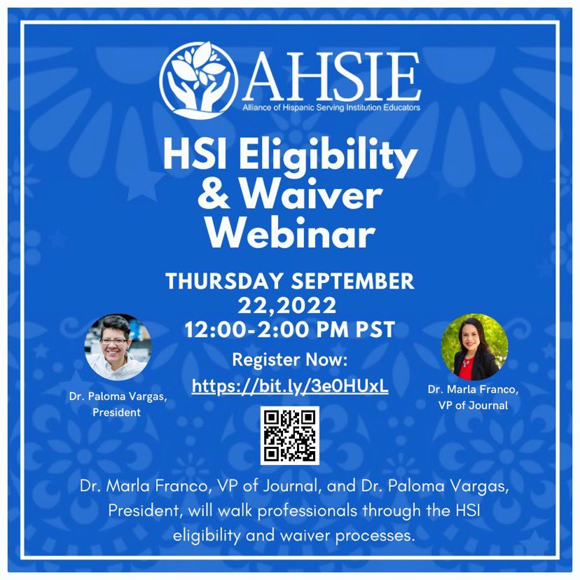 DrMEnciso's tweet image. Check out our HSI Eligibility &amp;amp; Waiver Virtual Webinar on Sept 22, 12PM-2PM (PST). Reserve ur spot ow.ly/v1lz50KtntO
👉 "Confirmation of HSI Eligibility" is a necessary doc when applying for Dept of Ed’s HSI Title III STEM &amp;amp; Title V grants. #ahsieeducators #ahsie #hsisweek