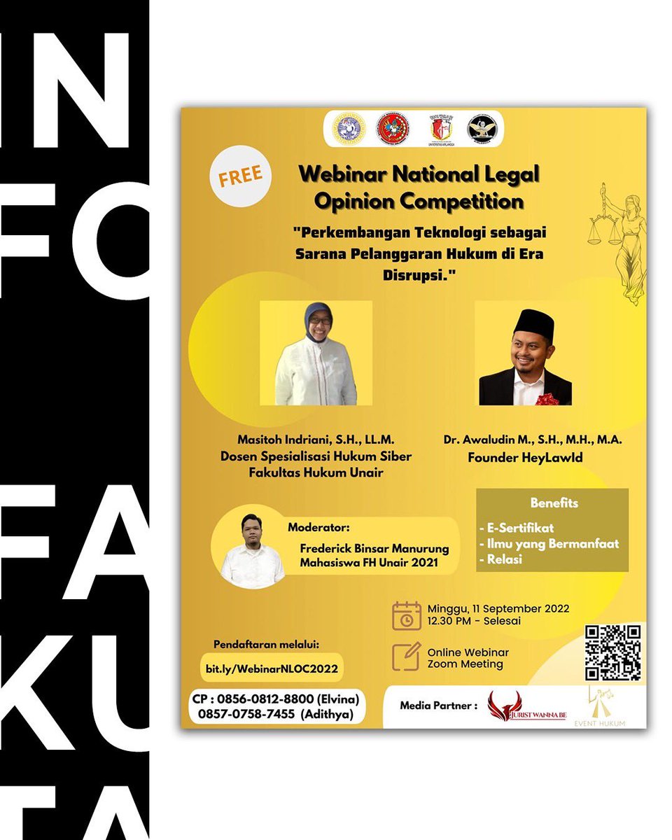 [‼️WEBINAR NLOC‼️]

Haii fellas!!
KPS FH UNAIR X BEM FH UNAIR akan mengadakan webinar rangkaian dari National Legal Opinion Competition (NLOC) dengan tema "Perkembangan Teknologi sebagai Sarana Pelanggaran Hukum di Indonesia". 

KABINET KARYA !
BERGERAK untuk BERKARYA !
