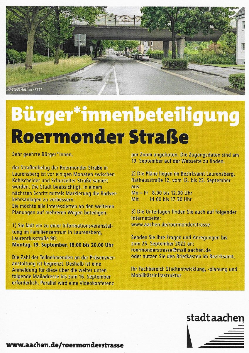 Am Montag, den 19. September findet von 18:00 Uhr bis 20:00 Uhr eine Bürger:innenbeteiligung zum Thema Radverkehrsanlage Roermonderstaße statt. Die Anzahl der Plätze ist begrenzt. Daher ist eine Anmeldung erforderlich, unter der Emailadresse: roermonderstrasse@mail.aachen.de
1/2