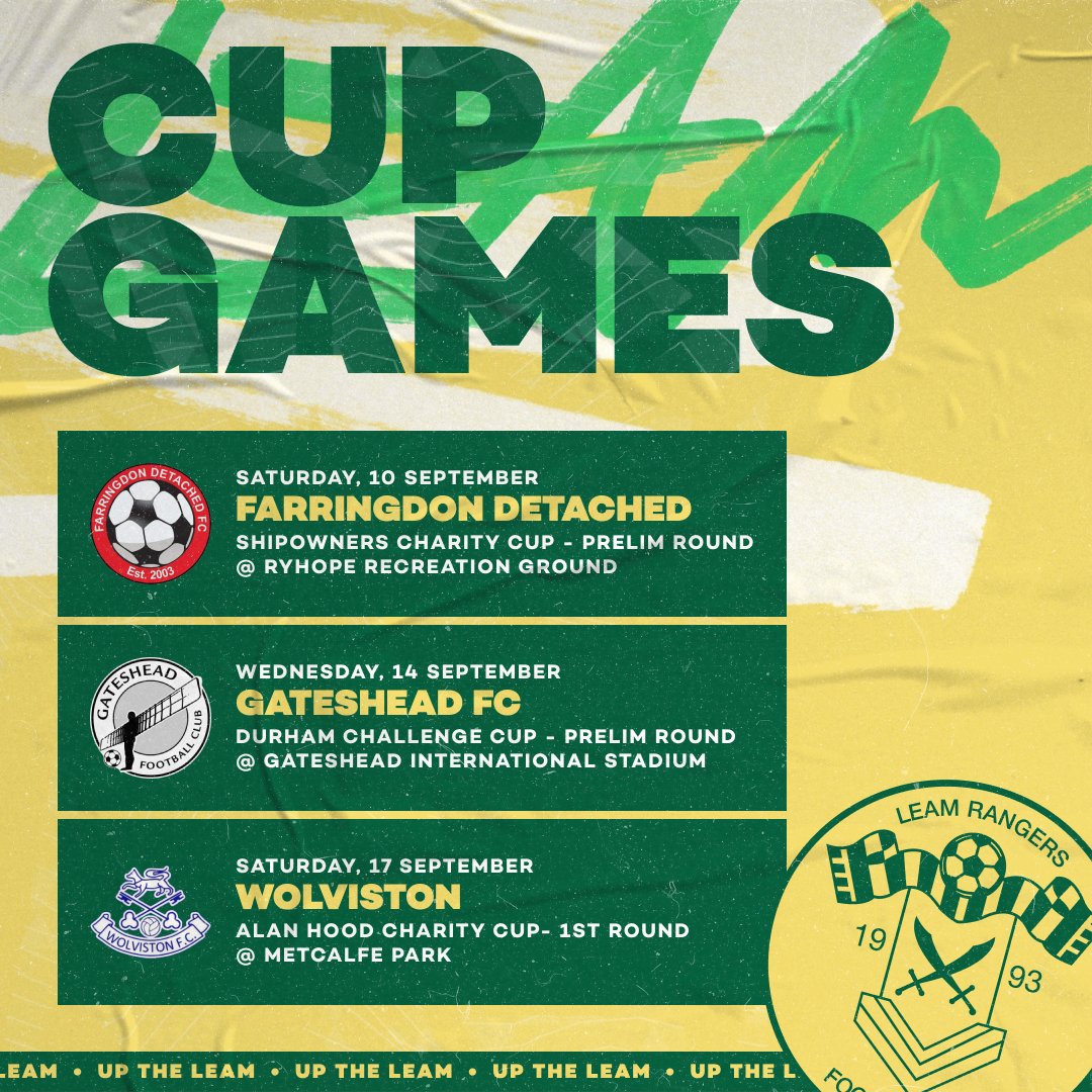 𝗧𝗛𝗘 𝗡𝗘𝗫𝗧 𝗧𝗛𝗥𝗘𝗘 — We've got a break from the league in our next three games, as we have a stretch of cup action, all away from home.

🏆 Sat, 10th: <a href="/FarringdonSafc/">Farringdon Detached FC</a> 
🏆 Wed, 14th: <a href="/GatesheadFC/">Gateshead FC</a> 
🏆 Sat, 17th: <a href="/wolvoworld/">Wolviston FC</a> 

#UpTheLeam #UTL 🔰