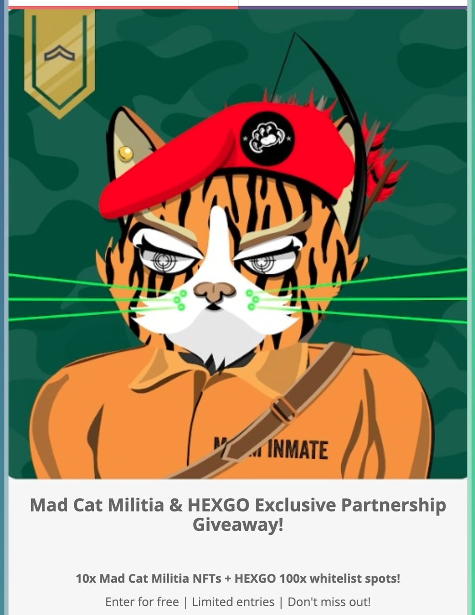 As promised some more details:

<a href="/HEXGO_NFT/">HEXGO</a> are giving our community the chance to win 100 of their WL spots as well as some MCM NFTs. 

Head over to gleam if you want to sign up (no wallet connection or signing required): gleam.io/PlQ2n/mad-cat-…

4 days to go!