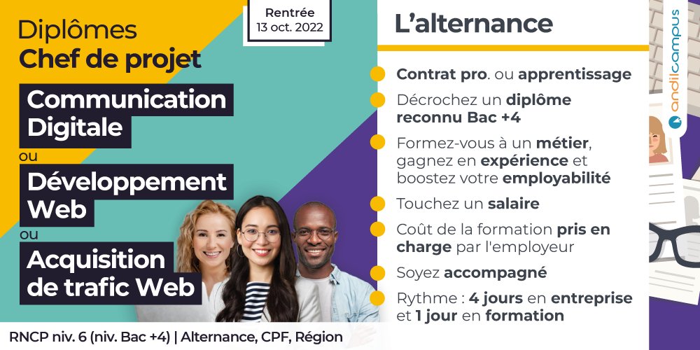 Andilcampus's tweet photo. #Alternance :
✅ Diplôme
✅ Formez-vous à un métier, gagnez en expérience et boostez votre employabilité
✅ Salaire
✅ Financement par l'employeur

Diplôme éligible :
🎓 Chef de projet #Communication/Développement/Acquisition de trafic (niv. Bac +4)
🔗 https://t.co/x7RaAIJpoy https://t.co/RRJOgCZeOC