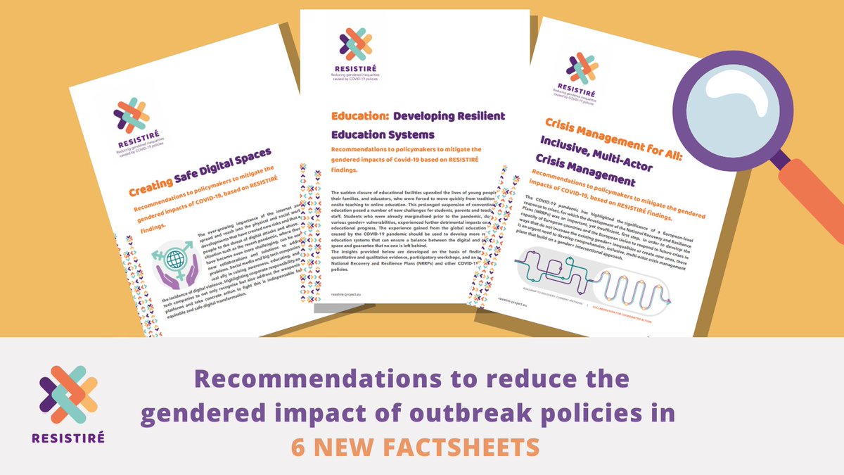 RESISTIRÉ 🇪🇺 Gendered inequalities due to Covid (@resistire_eu) on Twitter photo How can the impact of outbreak policies on gender inequalities be reduced❓
Discover <a href="/Resistire_EU/">RESISTIRÉ 🇪🇺 Gendered inequalities due to Covid</a>'s new factsheets with recommendations on:
🇪🇺 crisis management
🚀national recovery & resilience plans
❌gender-based violence
📱digital violence
🎓education
resistire-project.eu/project-news/b… How can the impact of outbreak policies on gender inequalities be reduced❓
Discover <a href="/Resistire_EU/">RESISTIRÉ 🇪🇺 Gendered inequalities due to Covid</a>'s new factsheets with recommendations on:
🇪🇺 crisis management
🚀national recovery & resilience plans
❌gender-based violence
📱digital violence
🎓education
resistire-project.eu/project-news/b…