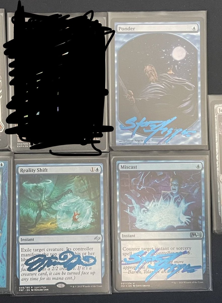 I’m bored &amp; I wanna do a giveaway! 

3 cards, 3 winners! 
Signed full art Ponder. Signed Miscast. Signed Reality shift. 

RT + follow to enter! Open for 24 hours. 

#mtg #edh #cedh #commander #magic