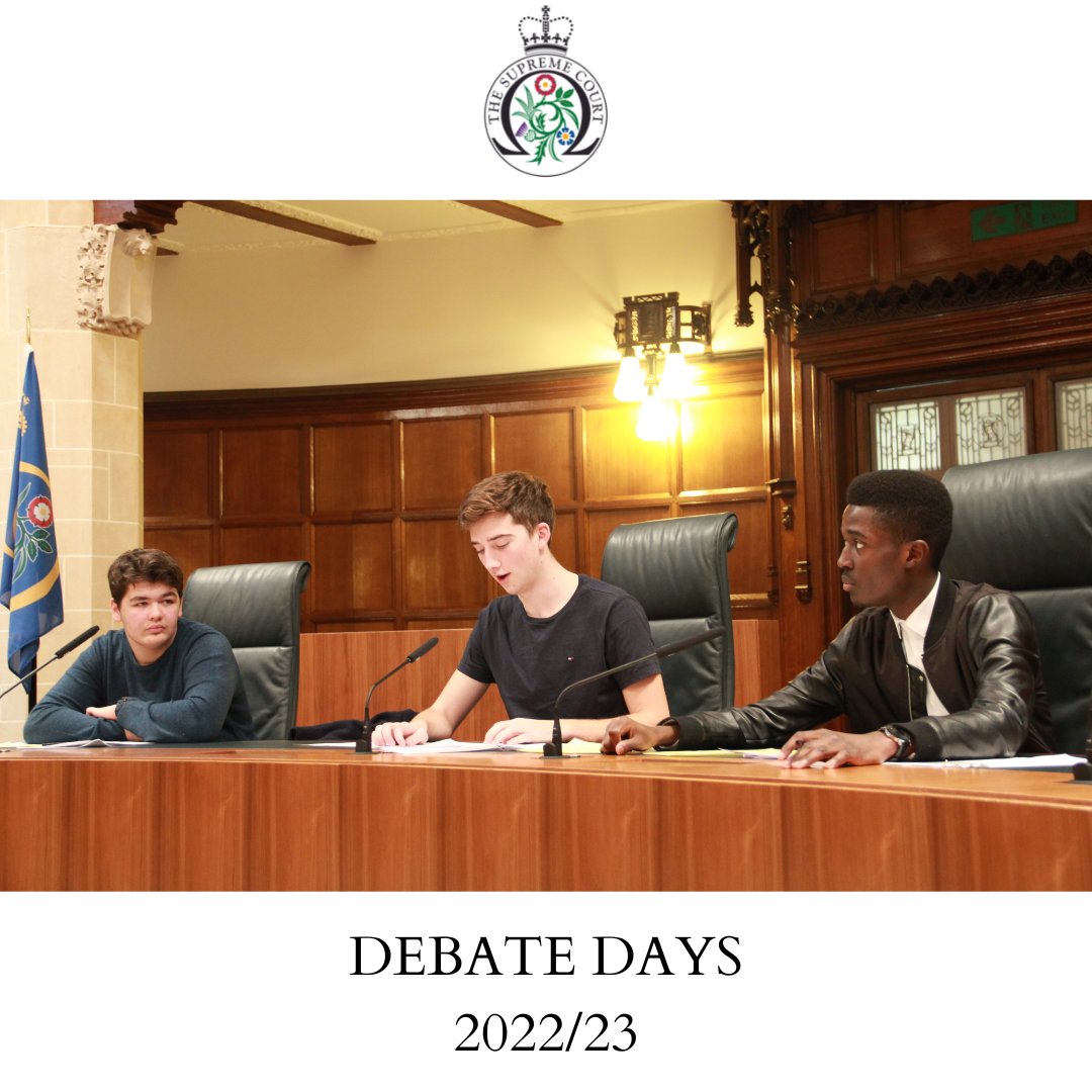 We have now launched our 2022-23 Debate Day programme. An excellent opportunity for aspiring lawyers to debate a legal topic at the Court, with the chance to be coached by professional lawyers. Applications close 28 September, 5pm. More info and to apply: supremecourt.uk/debate-days.ht…