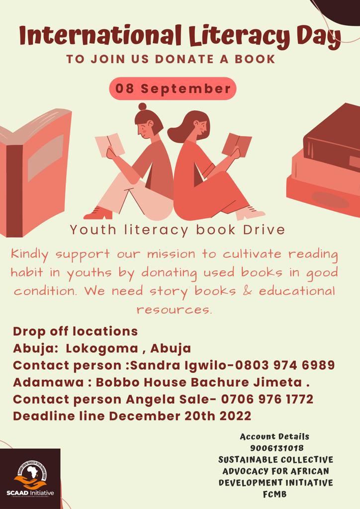 scaadinitiative's tweet photo. SCAAD initiative is marking the day  by starting the “Youth literacy book drive for educational materials and books for secondary school students in Abuja and Adamawa State who are passionate about reading.

#InternationalLiteracyDay
#Bookdrive
#1Youth1Book https://t.co/CjCfYBDO2r