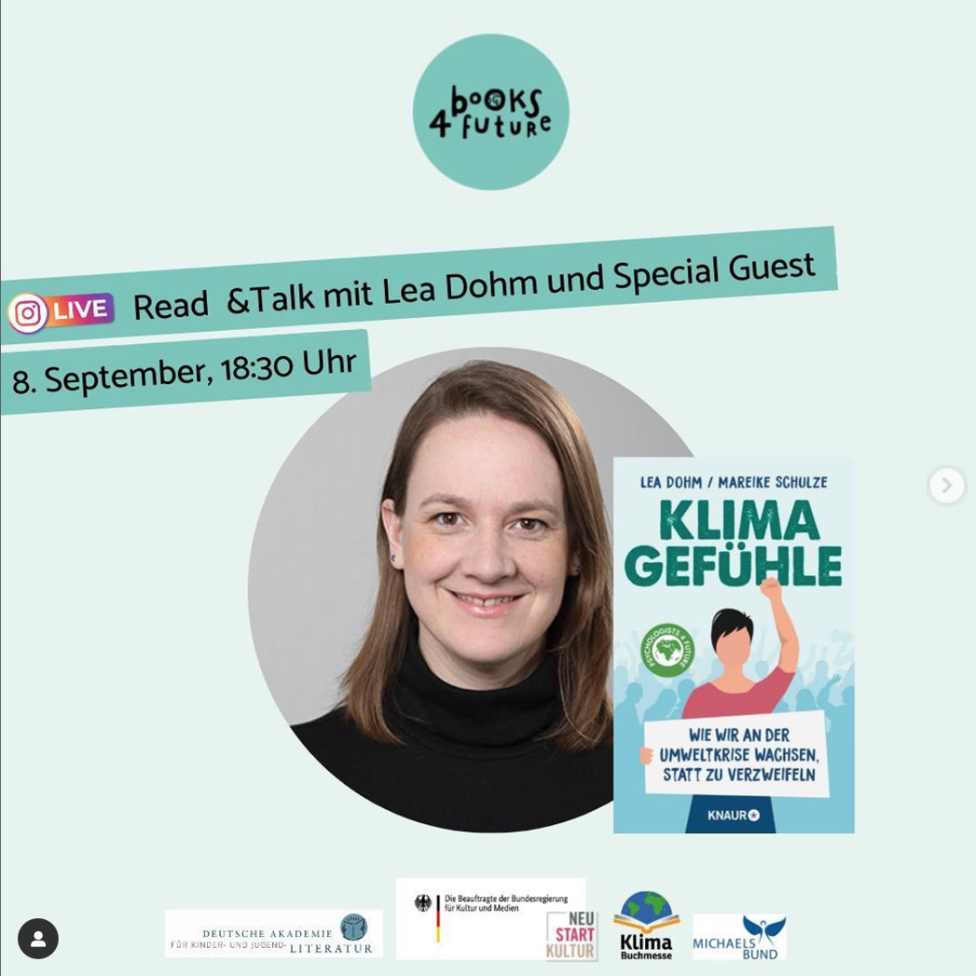 klimabuchmesse's tweet photo. Ihr wollt mehr über Klimagefühle wissen?
Heute 18.30 Uhr liest Expertin @LeaDohm auf Instagram aus ihrem Buch und diskutiert u.a. mit @klima_kay 
Schaut vorbei!
Dazu werden wir hier als Klimabuchmesse davon ein wenig live twittern.
#Klimabuchgespräch https://t.co/WAuK4Tp2YW