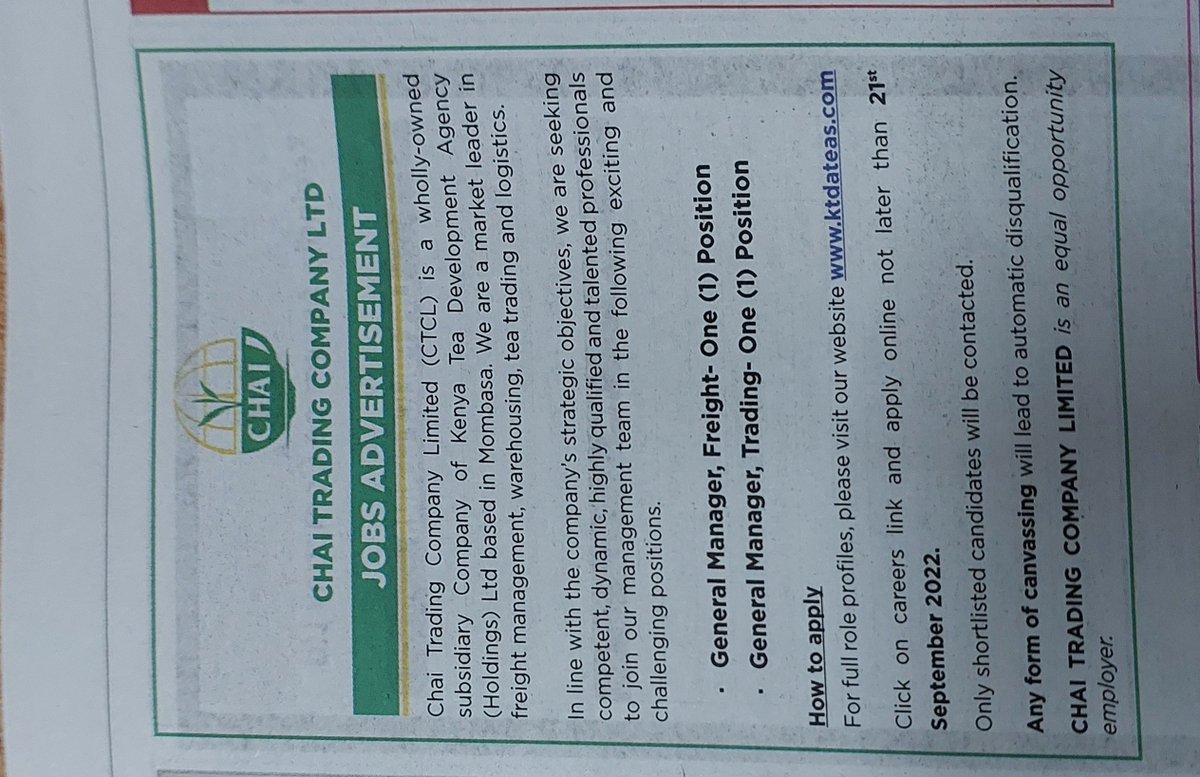 farmside_media's tweet photo. Hello Awsome People? I Take This Opportunity To Post Some Job Adverts Posted On This Weeks Daily Nation Magazine By @NationAfrica ,Try Out Your Luck Peeps😊 https://t.co/5sjNl2WD9b