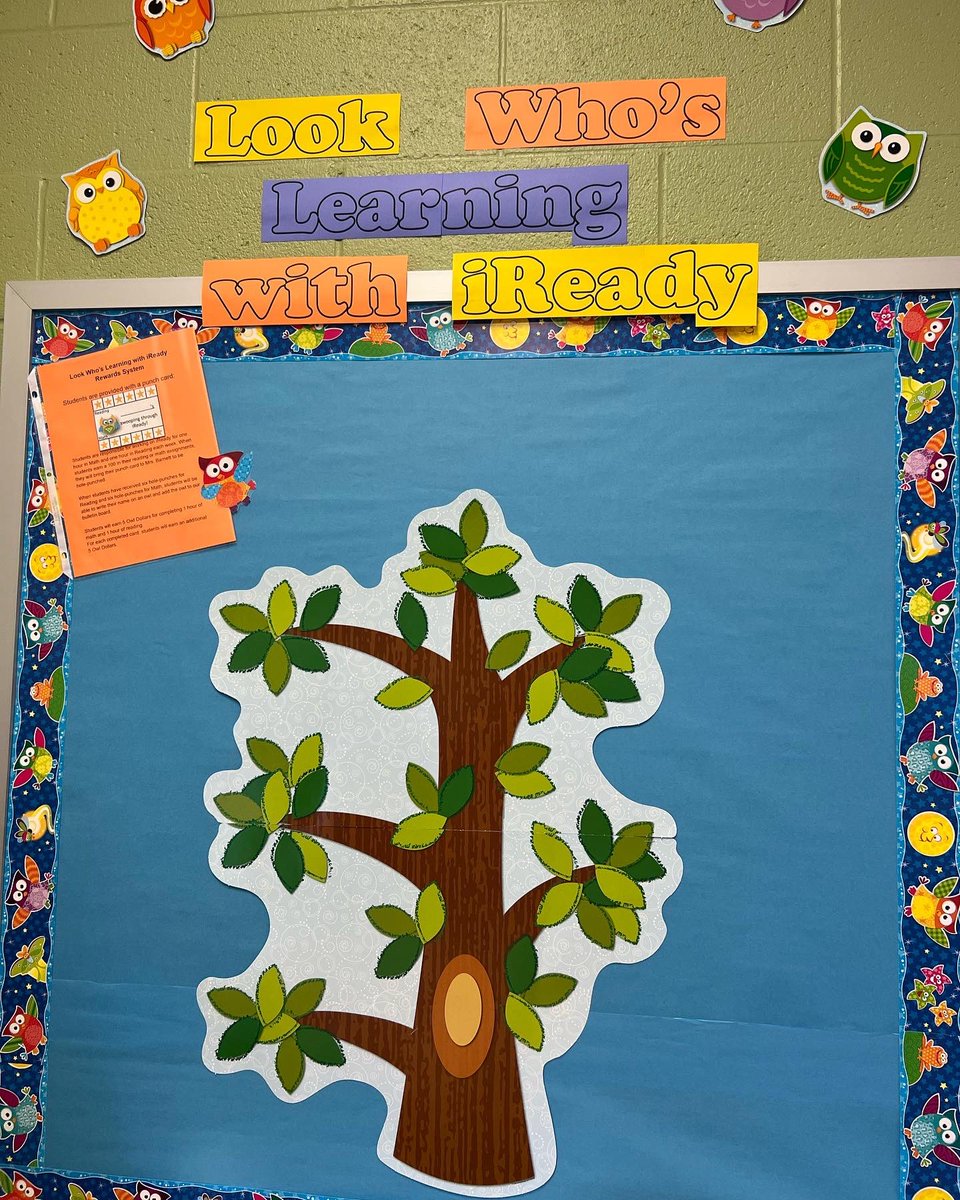 CA_PD_Stephanie's tweet photo. The 4th grade teachers at Jennie Moore have created some fantastic data trackers to motivate their students as they work through i-Ready lessons. Can’t wait to see whoooo gets an owl in the tree! 🦉 🌳 #iReadySC @CurriculumAssoc https://t.co/l8ziT2pMTk