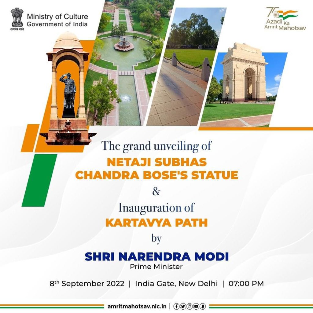 kishanreddybjp's tweet photo. Hon'ble Prime Minister Shri @narendramodi will unveil the statue of #Netaji Subhas Chandra Bose carved out of the stone sourced from Telangana &amp; inaugurate 'Kartavya Path', today
🗓 8th Sep 2022
🕖7:00pm, 
At
India Gate, New Delhi.
#AmritMahotsav #KartavyaPath #CentralVistaAvenue https://t.co/AvGUPByrBv
