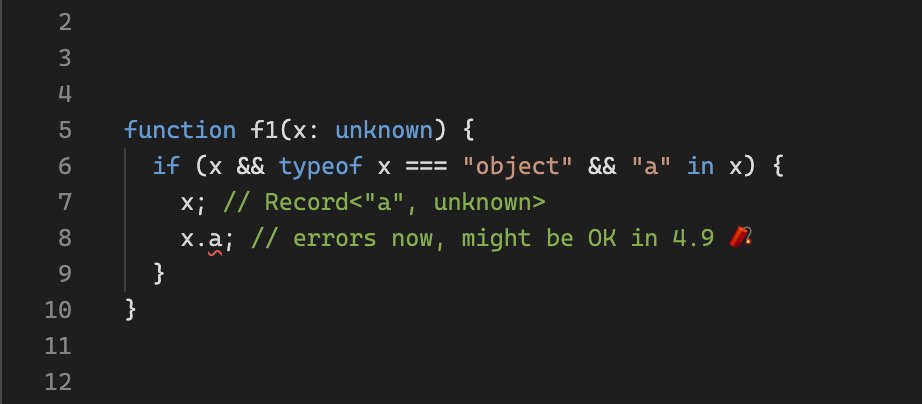Example of the code trying to narrow the type of an unknown type parameter using the in operator. It's not possible today but it might become possible in the upcoming version of TypeScript.