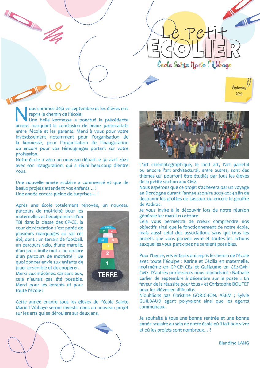 Ecole_SteMarie's tweet photo. Une 3e édition du "Petit Écolier" a été créée pour ce début d'année. Nous vous présentons les temps forts vécus ensemble l'année dernière mais aussi les projets 2022/2023.
Bonne lecture.
https://t.co/pOQh1Dq90f
#ec85 #saintmichelenlherm https://t.co/3xvxm3WRev